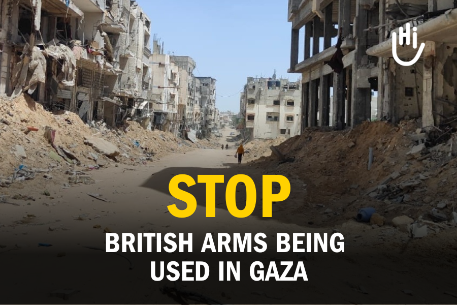 Destruction in Gaza with overlaid text 